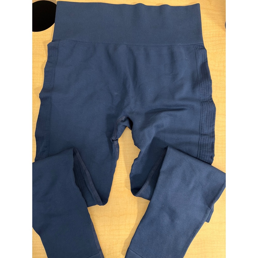 Seamless High Waisted Navy Blue Athletic Leggings Ribbed Waistband Medium